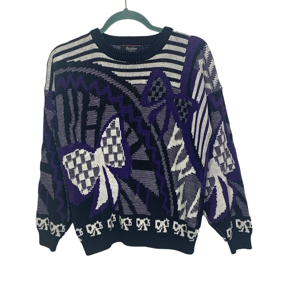 Vintage 80s Purple Black and White Abstract Sweater, Size M